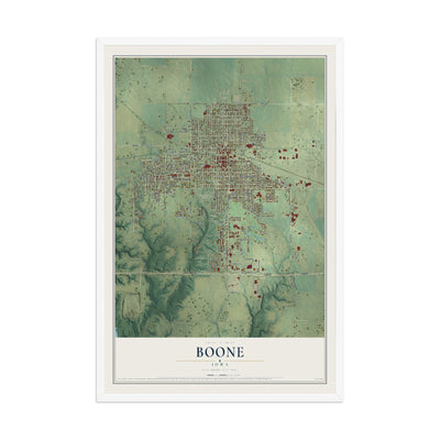Map of Boone, Iowa, 12 x 18 inch print in a white wood frame