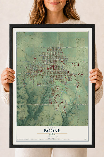 Map of Boone, Iowa, 18 x 24 inch print in a black wood frame