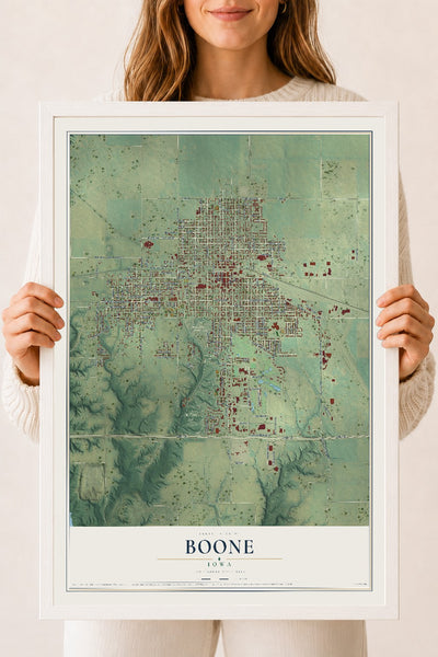Map of Boone, Iowa, 18 x 24 inch print in a white wood frame