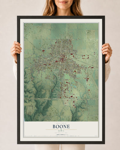 Map of Boone, Iowa, 24 x 36 inch print in a black wood frame