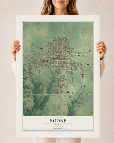 Map of Boone, Iowa, 24 x 36 inch print in a white wood frame