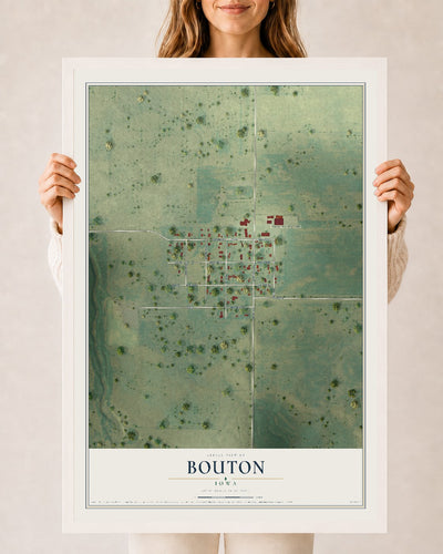 Map of Bouton, Iowa, 24 x 36 inch print in a white wood frame