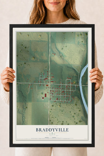 Map of Braddyville, Iowa, 18 x 24 inch print in a black wood frame