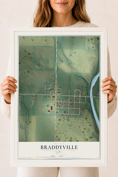 Map of Braddyville, Iowa, 18 x 24 inch print in a white wood frame