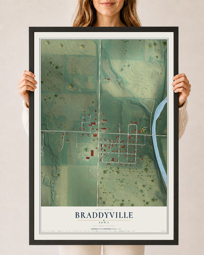 Map of Braddyville, Iowa, 24 x 36 inch print in a black wood frame