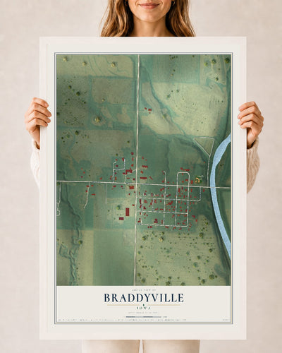 Map of Braddyville, Iowa, 24 x 36 inch print in a white wood frame