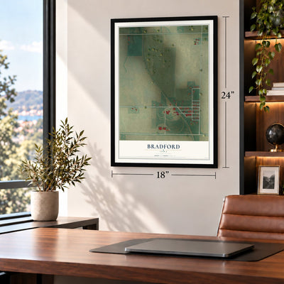 Bradford, Iowa map, 18 x 24 inch print in a black frame in a home office