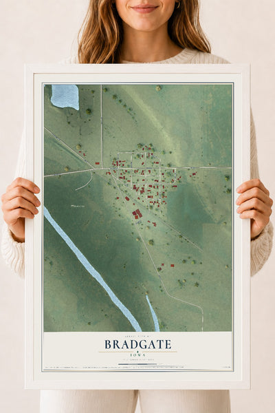 Map of Bradgate, Iowa, 18 x 24 inch print in a white wood frame