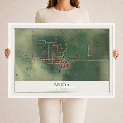 Map of Breda, Iowa, 24 x 36 inch print in a white wood frame