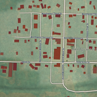 Close-up of the map of Bridgewater, Iowa print showing street and building detail