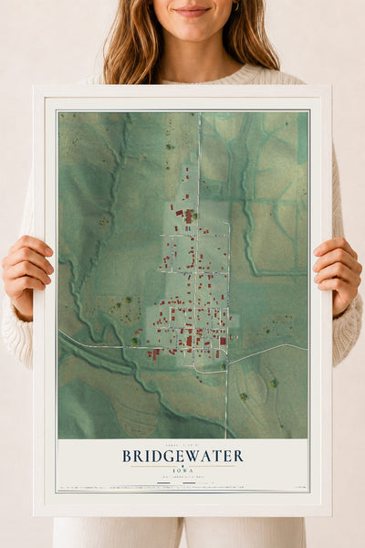 Map of Bridgewater, Iowa, 18 x 24 inch print in a white wood frame