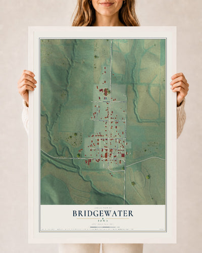 Map of Bridgewater, Iowa, 24 x 36 inch print in a white wood frame