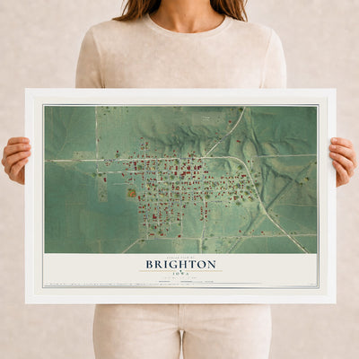 Map of Brighton, Iowa, 12 x 18 inch print in a white wood frame