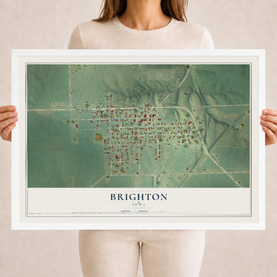 Map of Brighton, Iowa, 18 x 24 inch print in a white wood frame