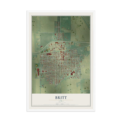 Map of Britt, Iowa, 12 x 18 inch print in a white wood frame