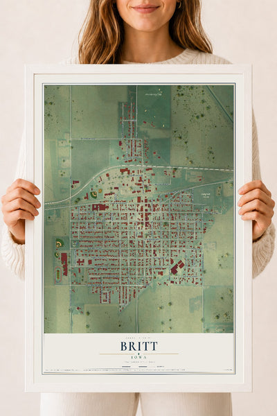 Map of Britt, Iowa, 18 x 24 inch print in a white wood frame