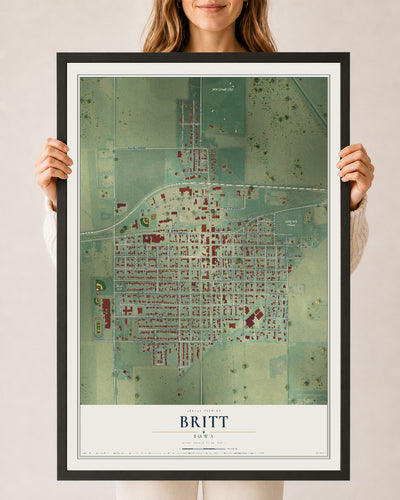 Map of Britt, Iowa, 24 x 36 inch print in a black wood frame