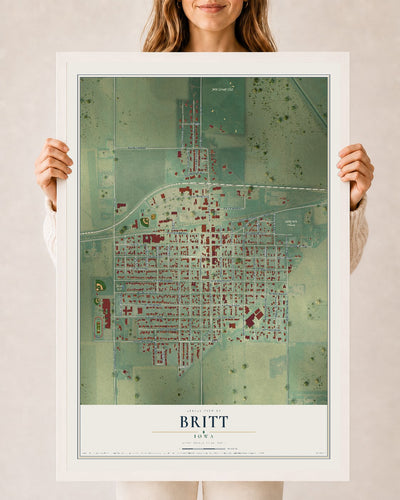 Map of Britt, Iowa, 24 x 36 inch print in a white wood frame