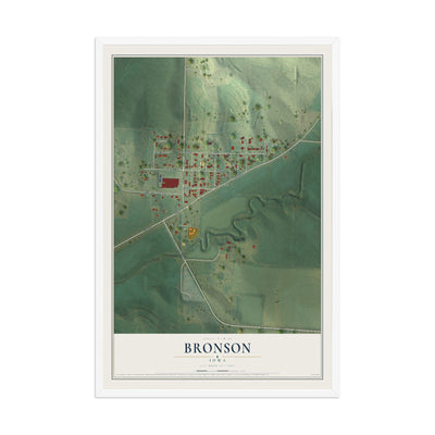 Map of Bronson, Iowa, 12 x 18 inch print in a white wood frame
