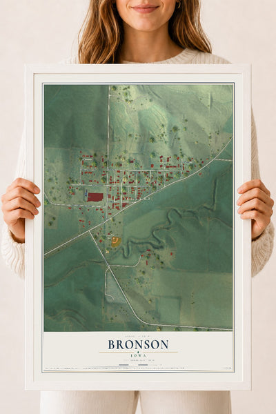 Map of Bronson, Iowa, 18 x 24 inch print in a white wood frame