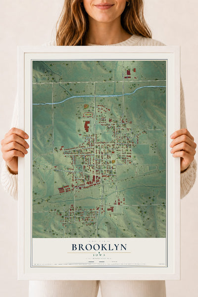 Map of Brooklyn, Iowa, 18 x 24 inch print in a white wood frame