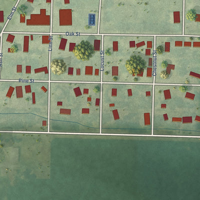 Close-up of the map of Brunsville, Iowa print showing street and building detail
