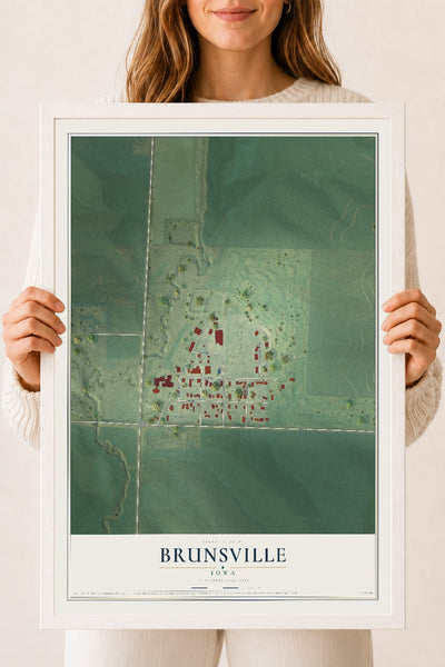 Map of Brunsville, Iowa, 18 x 24 inch print in a white wood frame