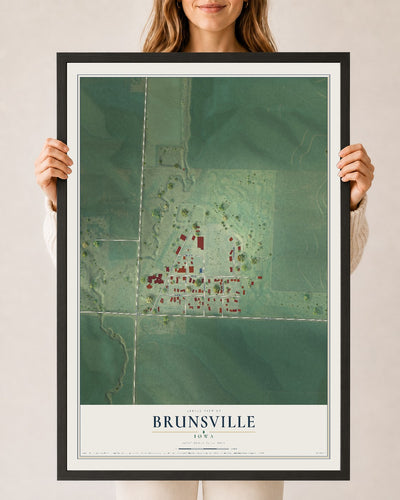 Map of Brunsville, Iowa, 24 x 36 inch print in a black wood frame