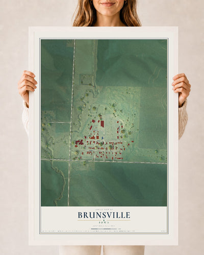 Map of Brunsville, Iowa, 24 x 36 inch print in a white wood frame