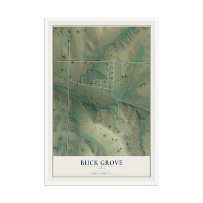Map of Buck Grove, Iowa, 12 x 18 inch print in a white wood frame