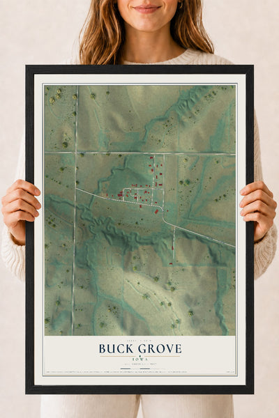 Map of Buck Grove, Iowa, 18 x 24 inch print in a black wood frame