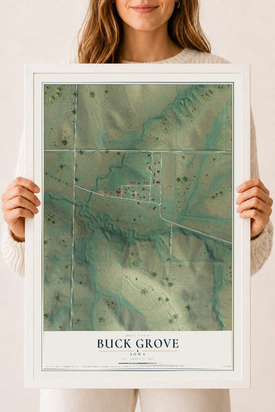Map of Buck Grove, Iowa, 18 x 24 inch print in a white wood frame