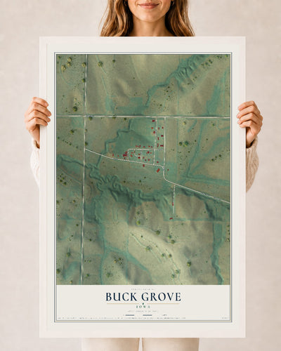 Map of Buck Grove, Iowa, 24 x 36 inch print in a white wood frame