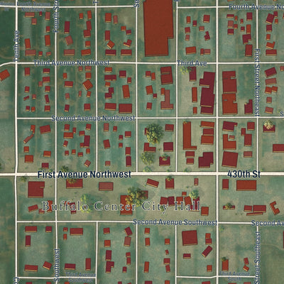 Close-up of the map of Buffalo Center, Iowa print showing street and building detail