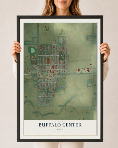 Map of Buffalo Center, Iowa, 24 x 36 inch print in a black wood frame