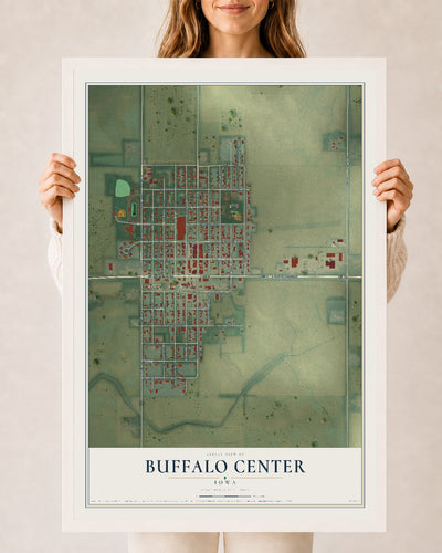 Map of Buffalo Center, Iowa, 24 x 36 inch print in a white wood frame