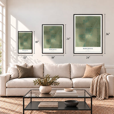 Burchinal, Iowa map in 12 x 18, 18 x 24 and 24 x 36 inch sizes above a sofa