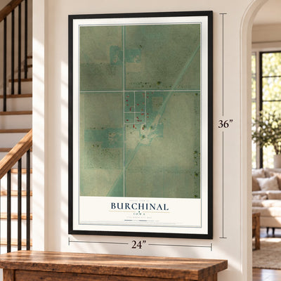 Burchinal, Iowa map, 24 x 36 inch print in a black frame by a staircase