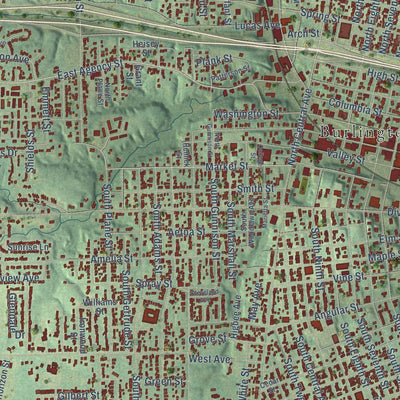 Close-up of the map of Burlington, Iowa print showing street and building detail
