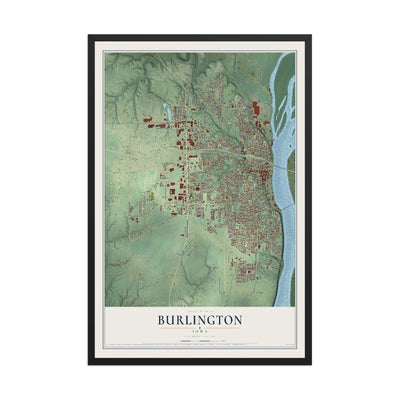 Map of Burlington, Iowa, 12 x 18 inch print in a black wood frame