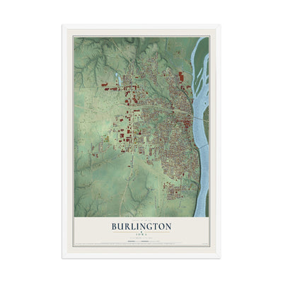 Map of Burlington, Iowa, 12 x 18 inch print in a white wood frame