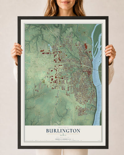 Map of Burlington, Iowa, 24 x 36 inch print in a black wood frame