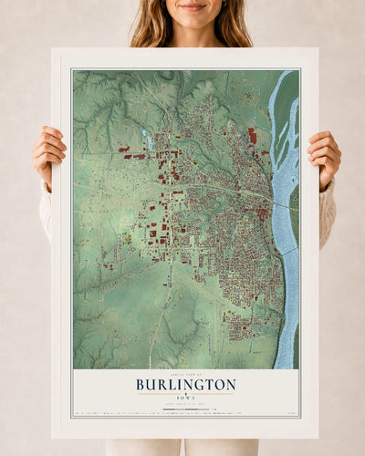 Map of Burlington, Iowa, 24 x 36 inch print in a white wood frame
