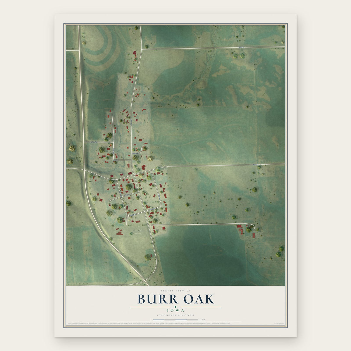 Burr Oak, Iowa map print, the full design