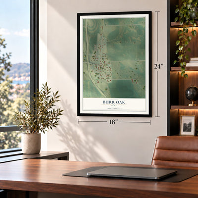 Burr Oak, Iowa map, 18 x 24 inch print in a black frame in a home office