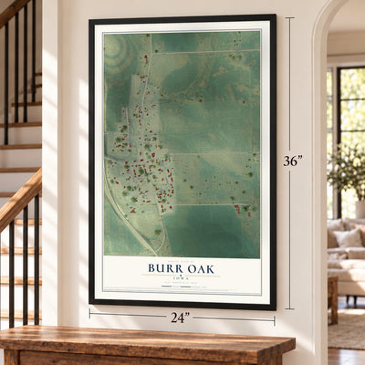 Burr Oak, Iowa map, 24 x 36 inch print in a black frame by a staircase