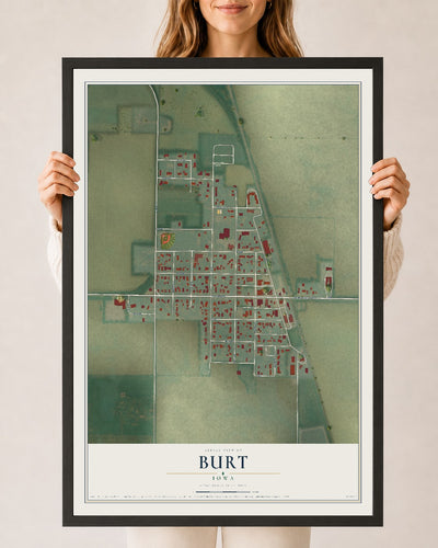 Map of Burt, Iowa, 24 x 36 inch print in a black wood frame