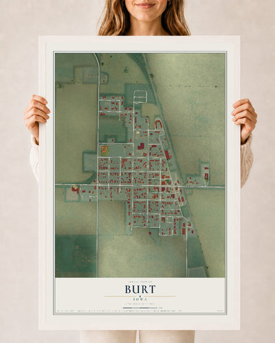 Map of Burt, Iowa, 24 x 36 inch print in a white wood frame