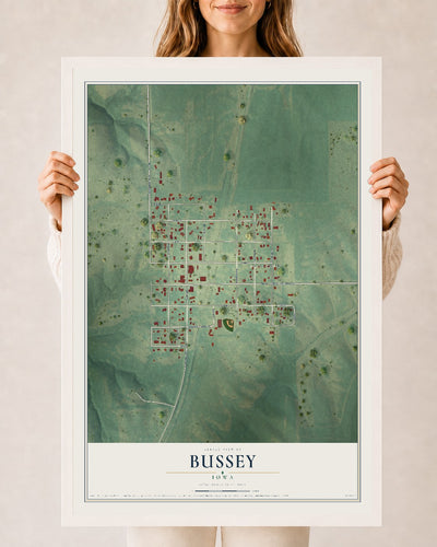 Map of Bussey, Iowa, 24 x 36 inch print in a white wood frame