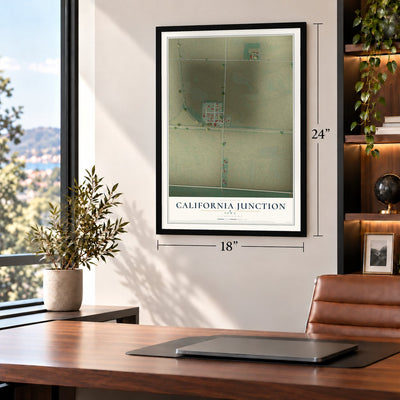California Junction, Iowa map, 18 x 24 inch print in a black frame in a home office